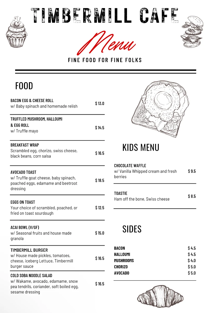 Menu, Timbermill Cafe