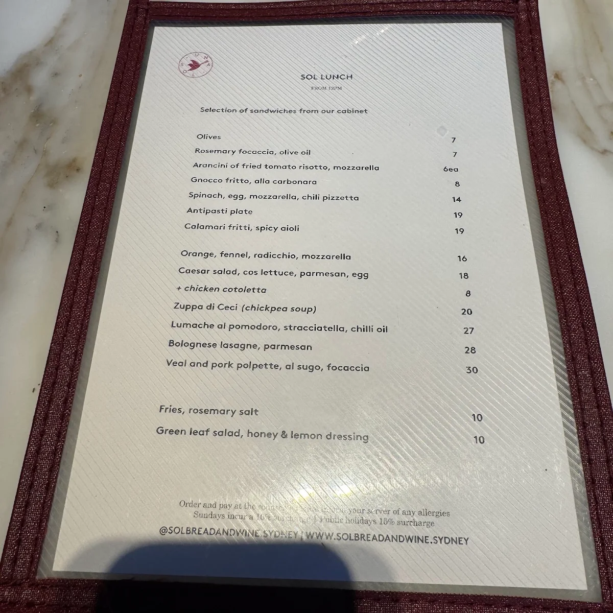 Menu, Café Loulou