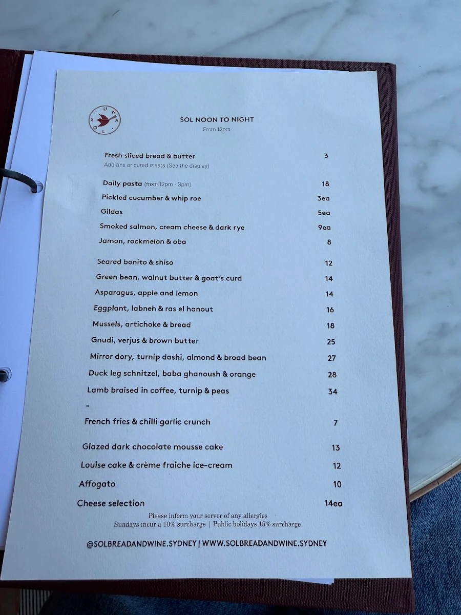 Menu, Café Loulou