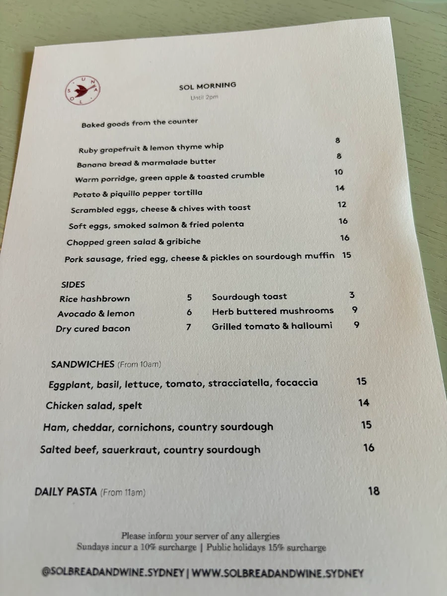 Menu, Café Loulou