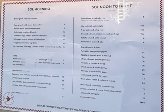 Menu, Café Loulou