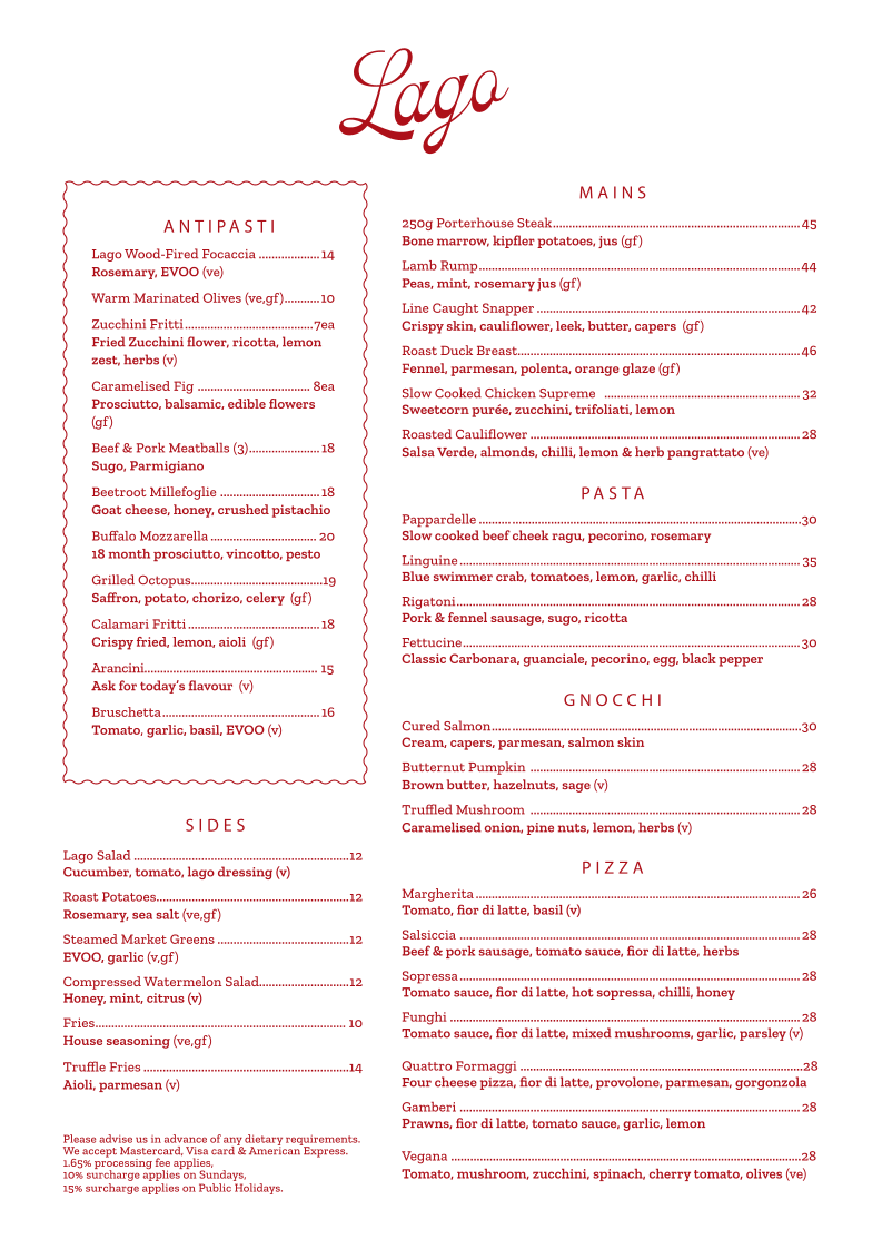 Menu, Lago Cucina