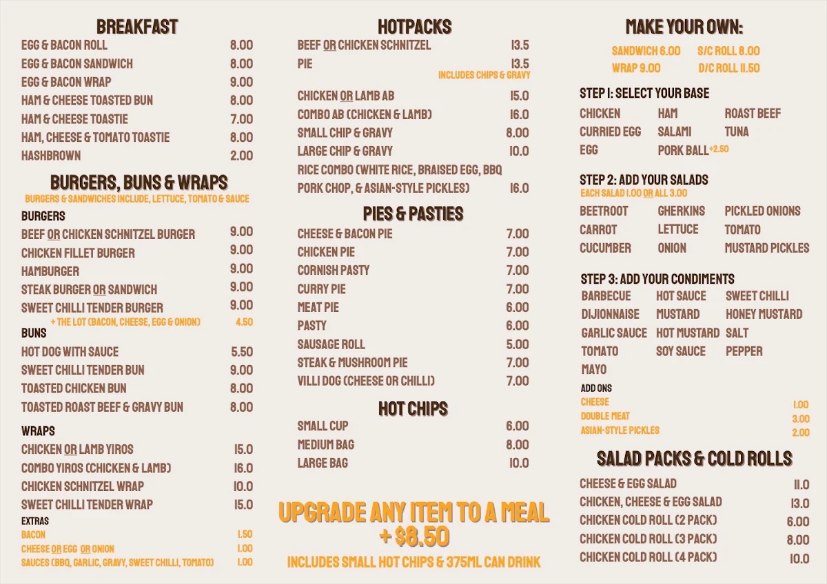 Menu, Cheviot Snack Bar