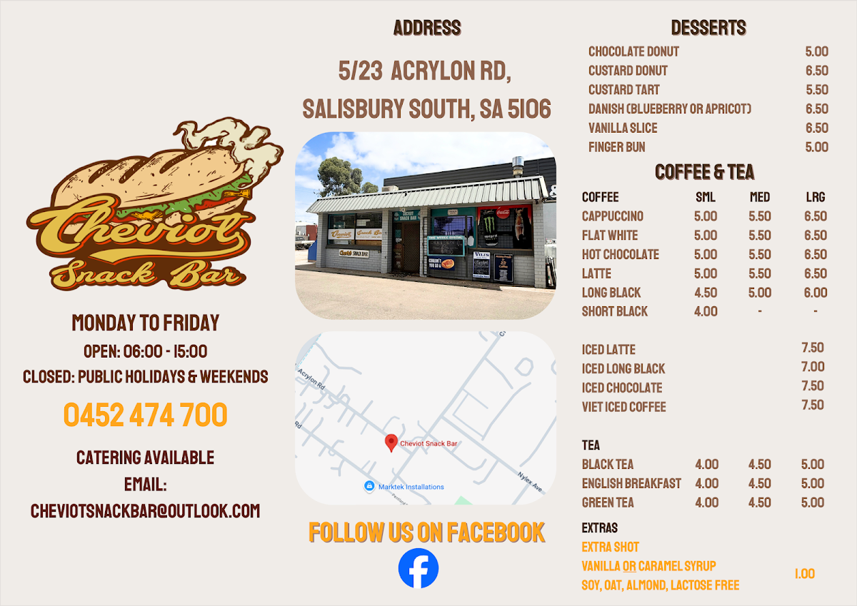 Menu, Cheviot Snack Bar