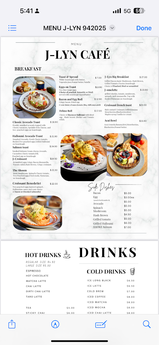 Menu, J-Lyn Cafe