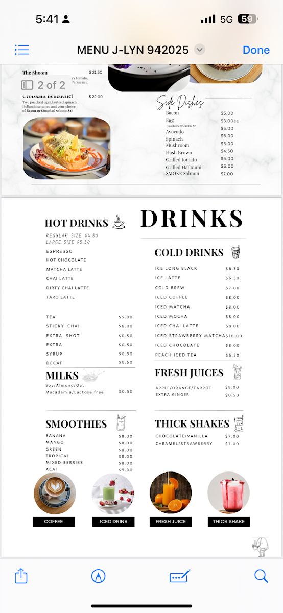 Menu, J-Lyn Cafe
