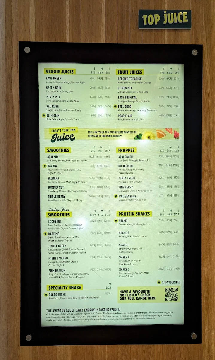 Menu, Top Juice Barangaroo
