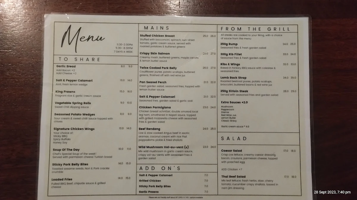 Menu, Arundel Tavern
