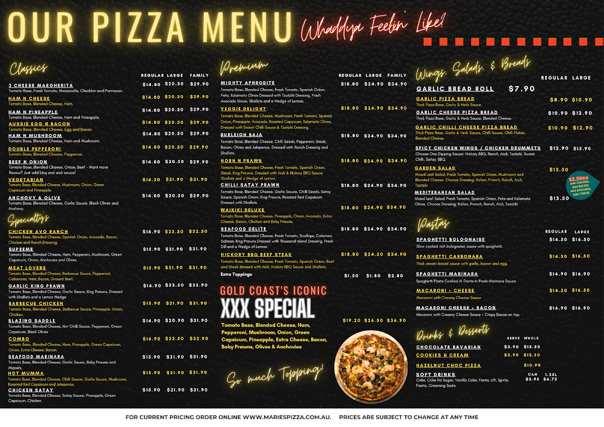 Menu, Maries Pizza Mudgeeraba