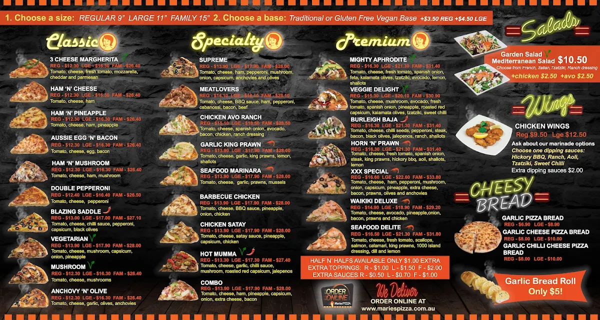 Menu, Maries Pizza Mudgeeraba