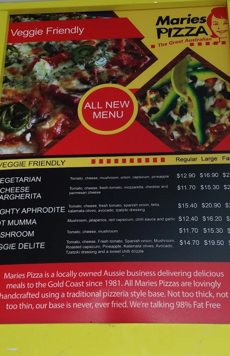 Menu, Maries Pizza Mudgeeraba
