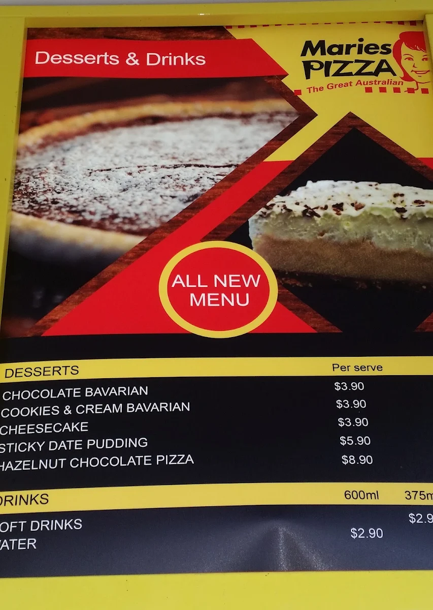 Menu, Maries Pizza Mudgeeraba