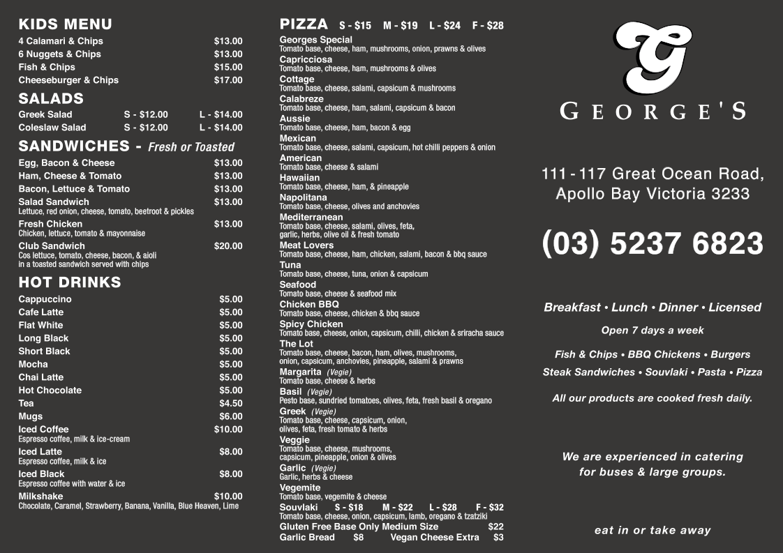 Menu, George's Restaurant