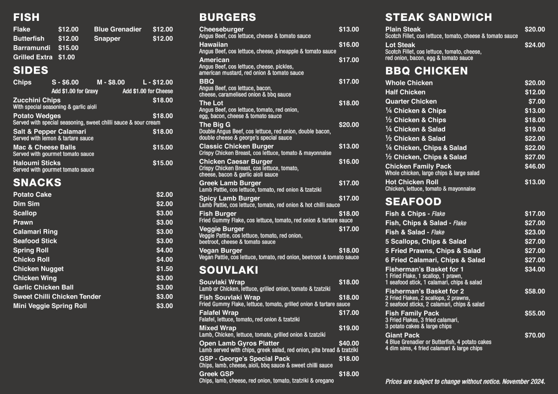 Menu, George's Restaurant