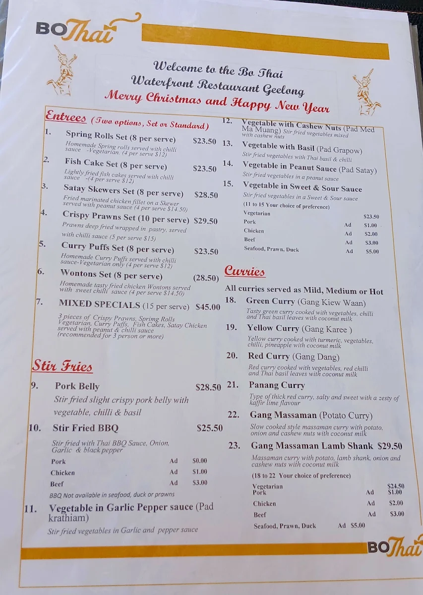 Menu, Bo Thai Geelong Waterfront