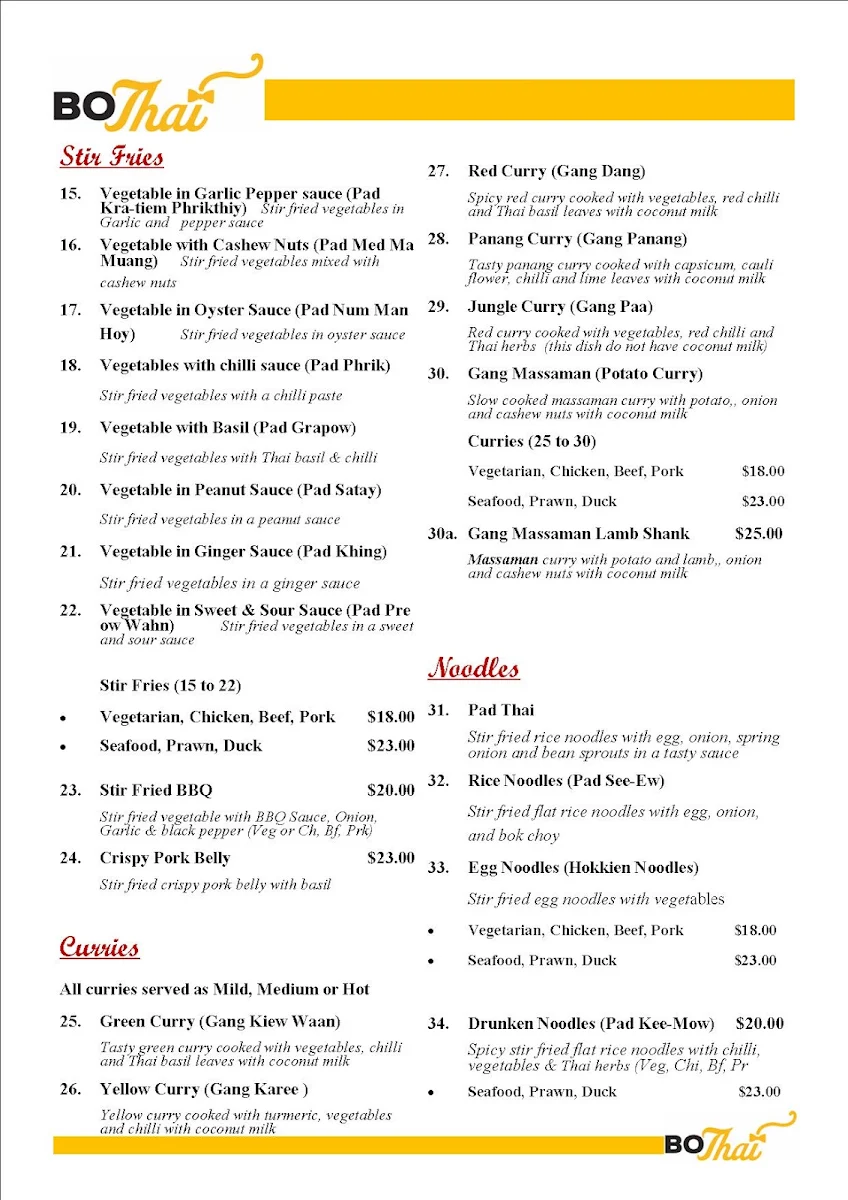 Menu, Bo Thai Geelong Waterfront