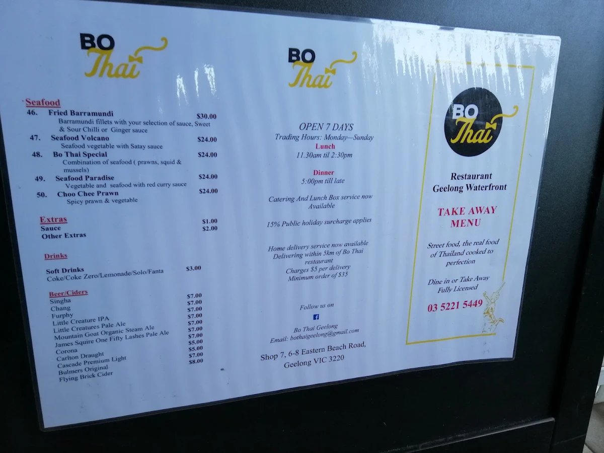 Menu, Bo Thai Geelong Waterfront