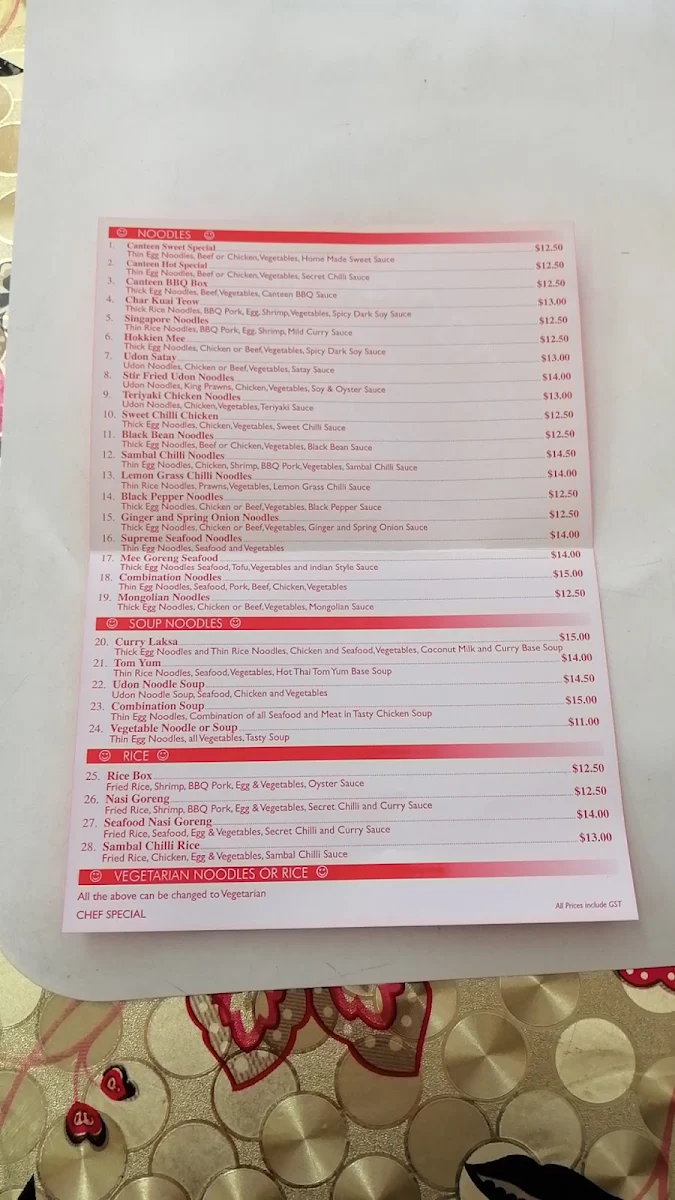 Menu, Noodle Canteen