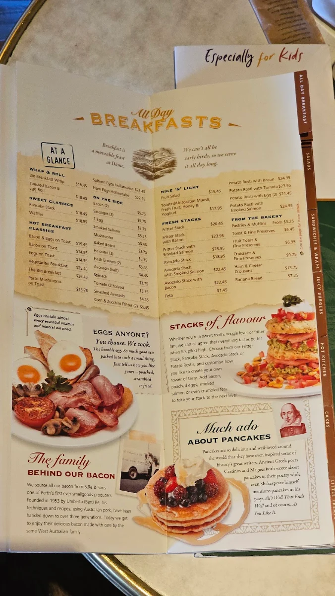 Menu, Dôme Café - Maylands