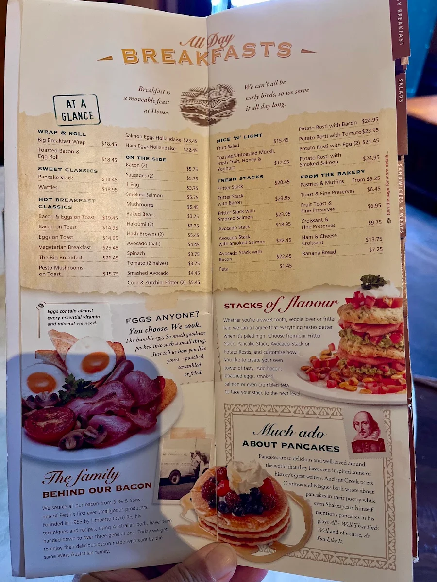 Menu, Dôme Café - Maylands