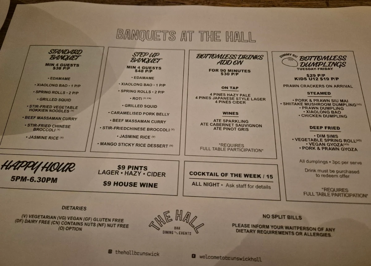 Menu, The Hall Brunswick