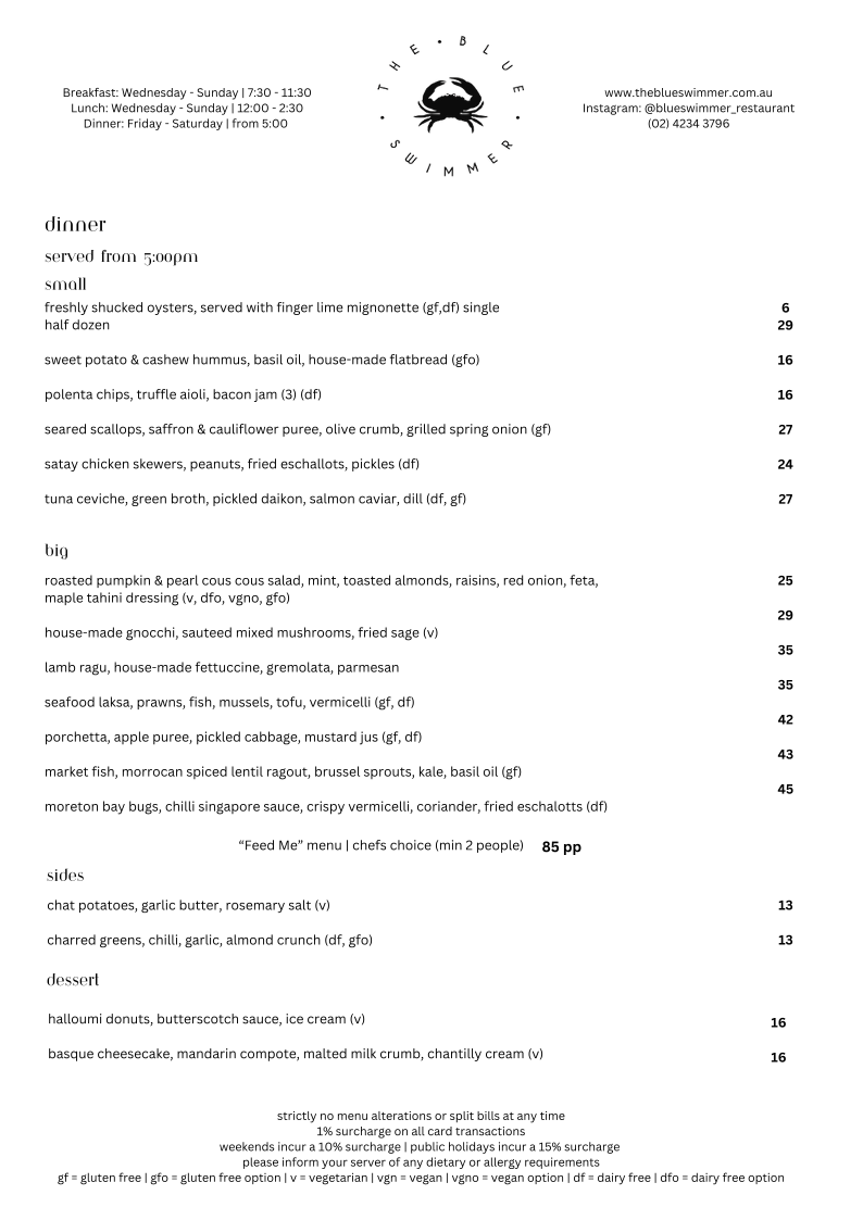 Menu, Blue Swimmer at Seahaven