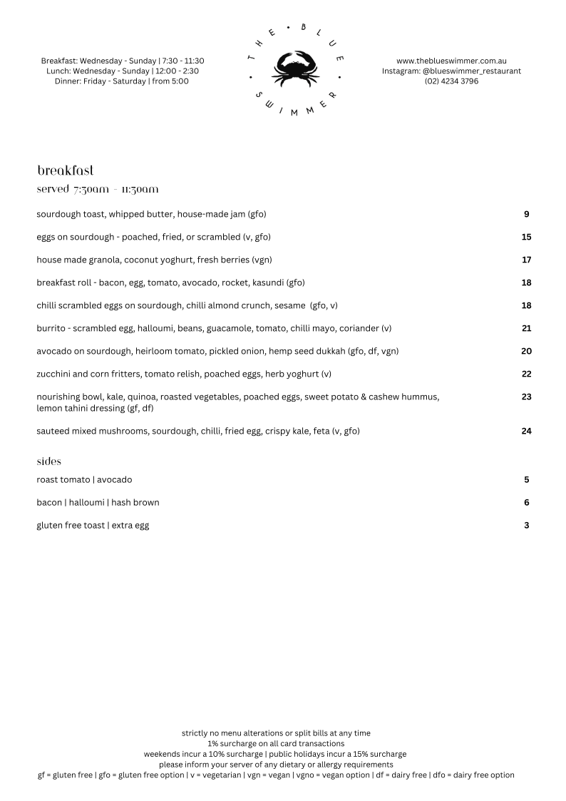 Menu, Blue Swimmer at Seahaven