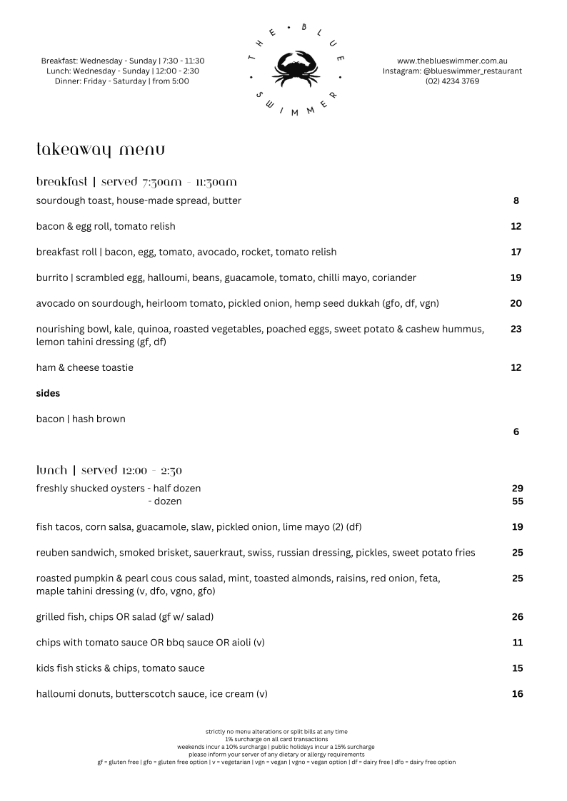 Menu, Blue Swimmer at Seahaven