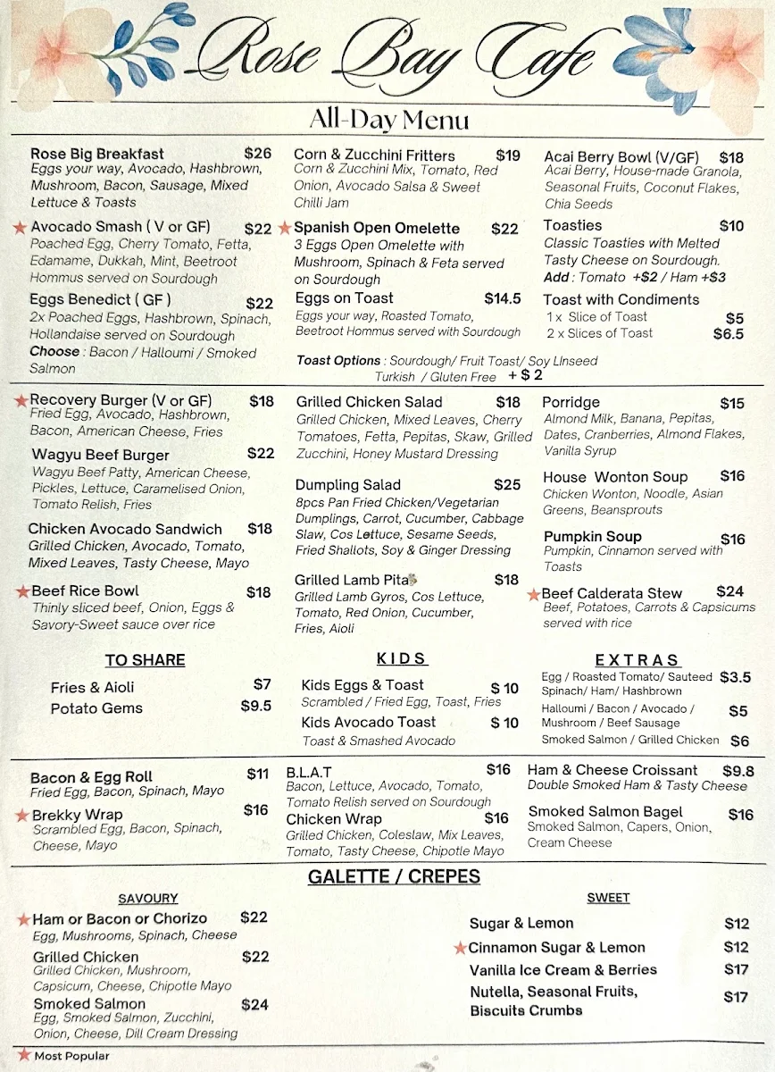 Menu, Rose Bay Cafe