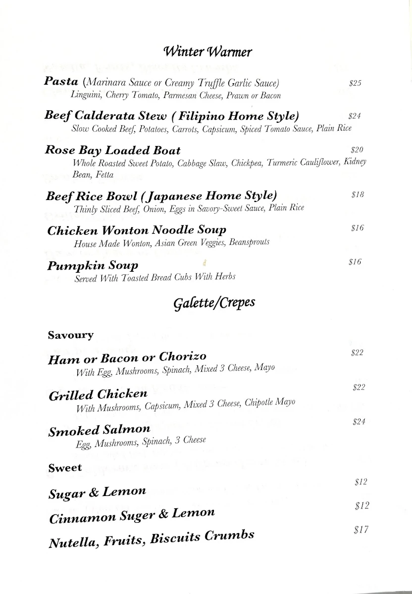 Menu, Rose Bay Cafe