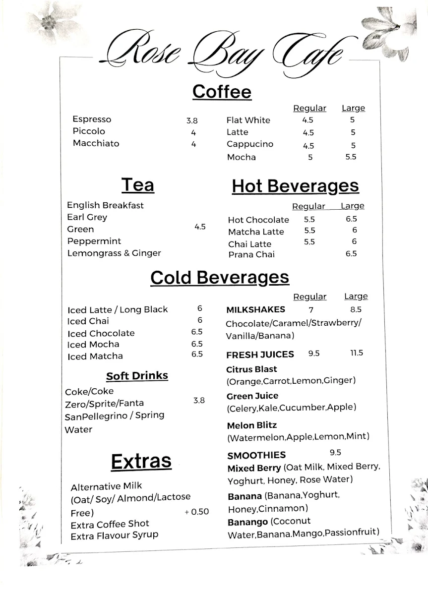 Menu, Rose Bay Cafe