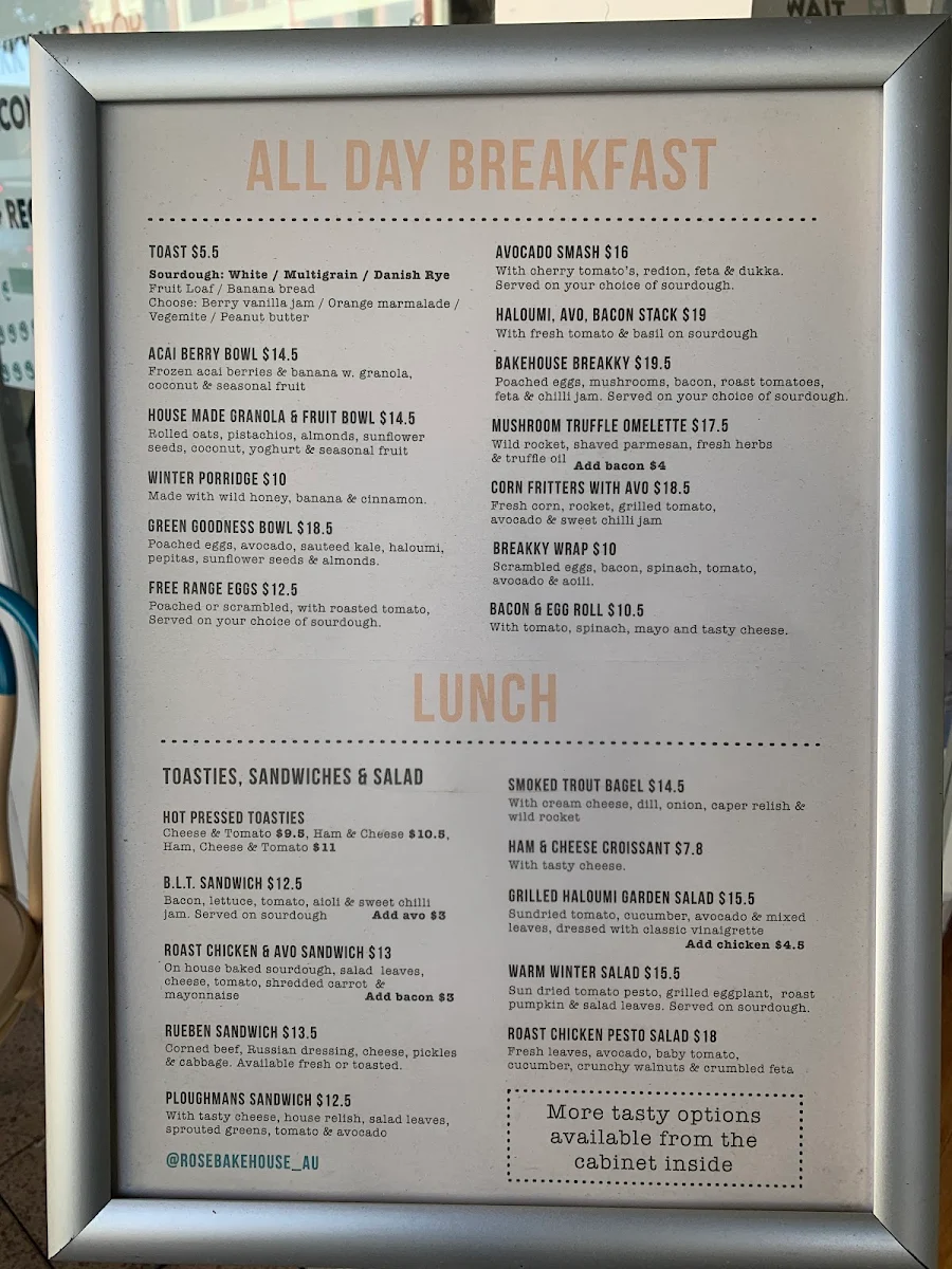 Menu, Rose Bay Cafe
