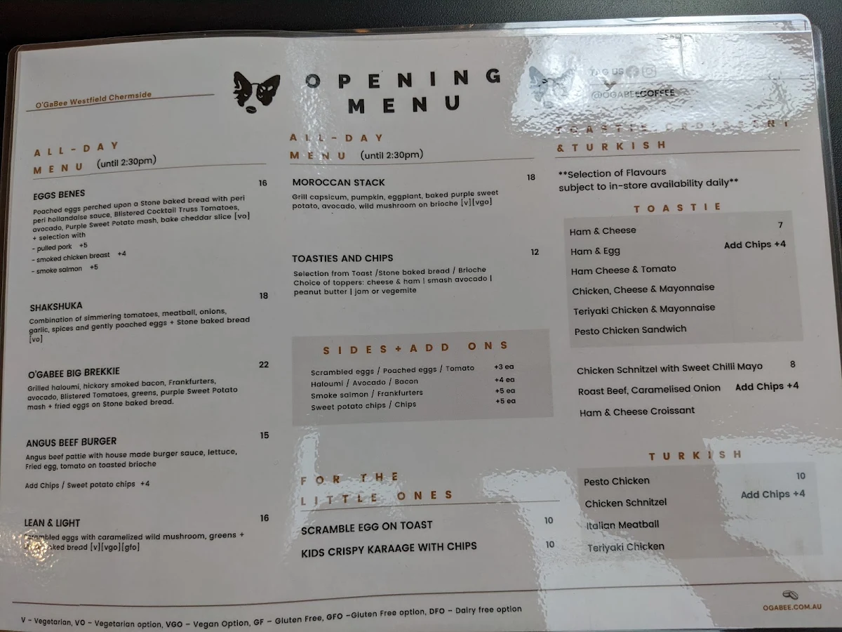 Menu, O'GABEE & Co Coffee Roastery Chermside