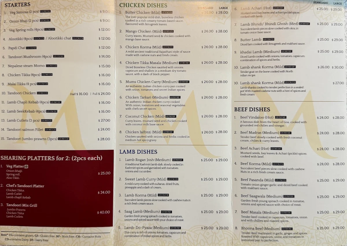 Menu, Moree Indian Restaurant (Indian and Nepalese Cuisine)