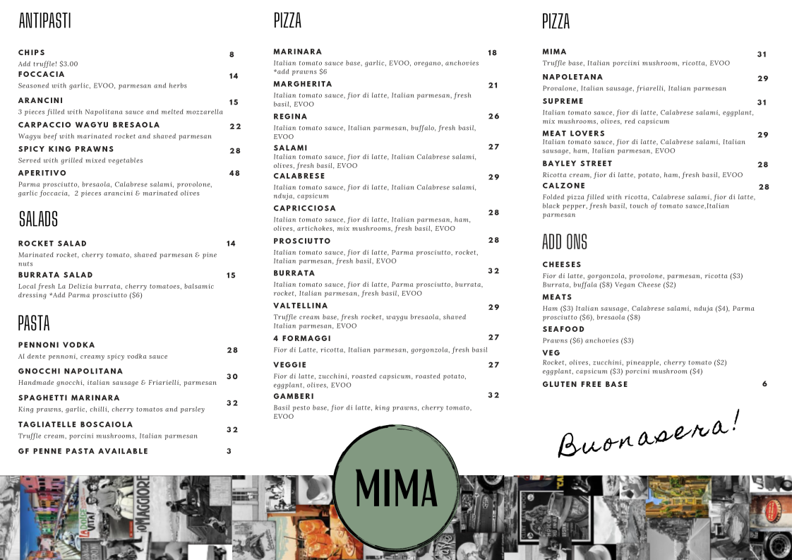 Menu, Mima Pizzeria