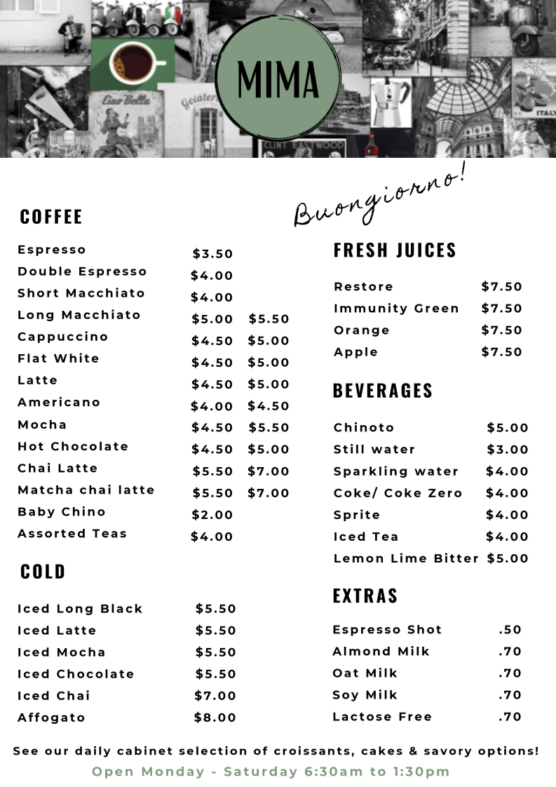 Menu, Mima Pizzeria