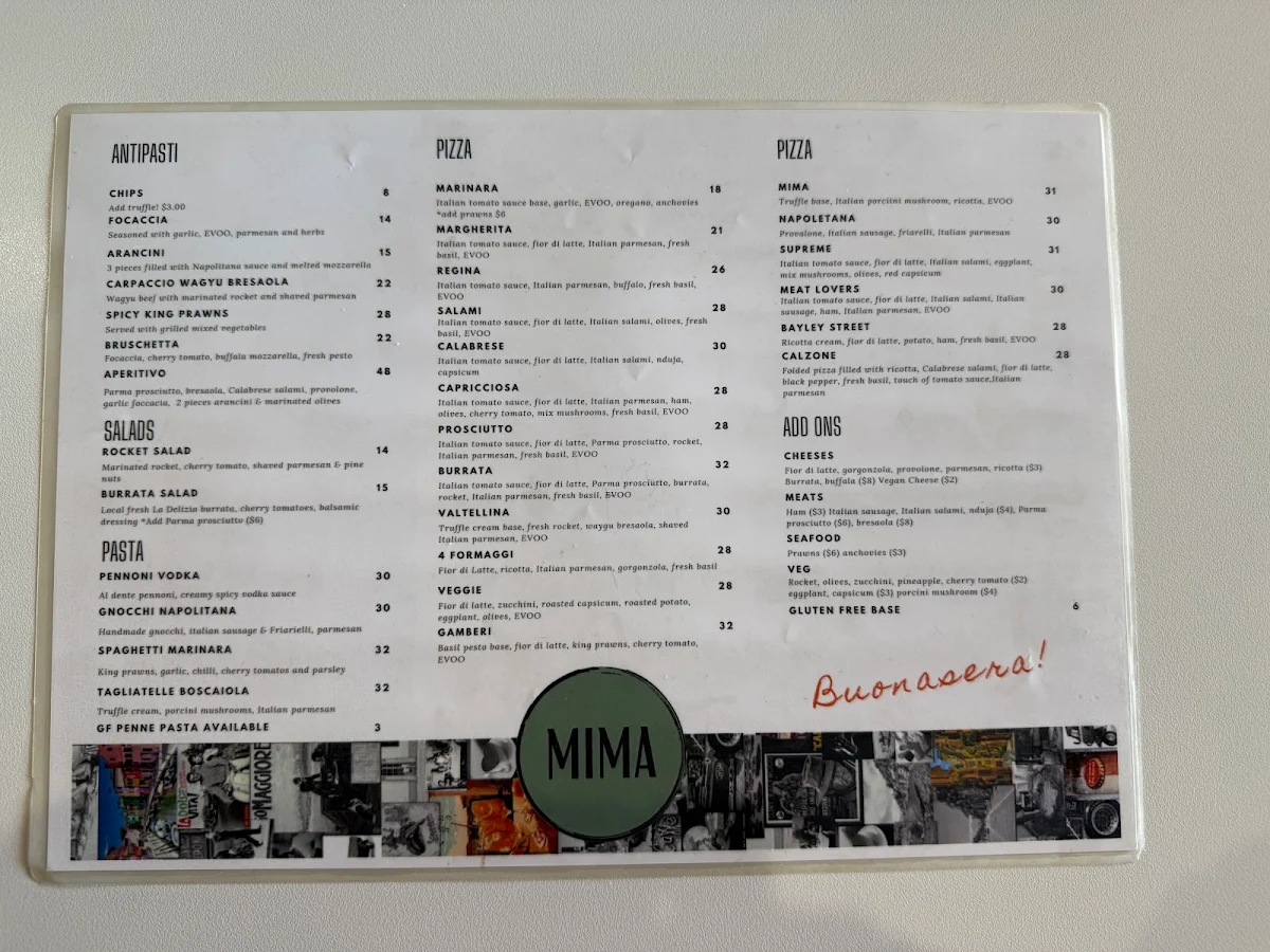 Menu, Mima Pizzeria