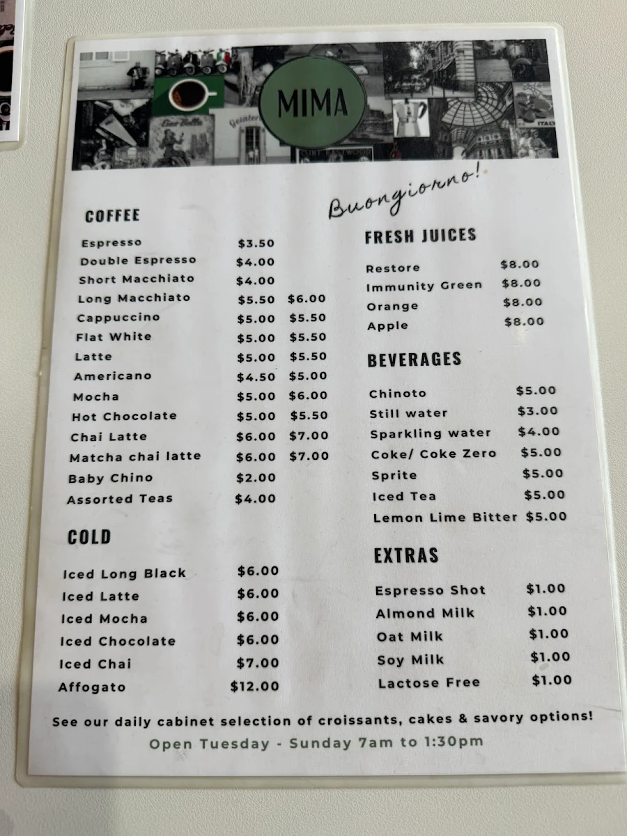 Menu, Mima Pizzeria