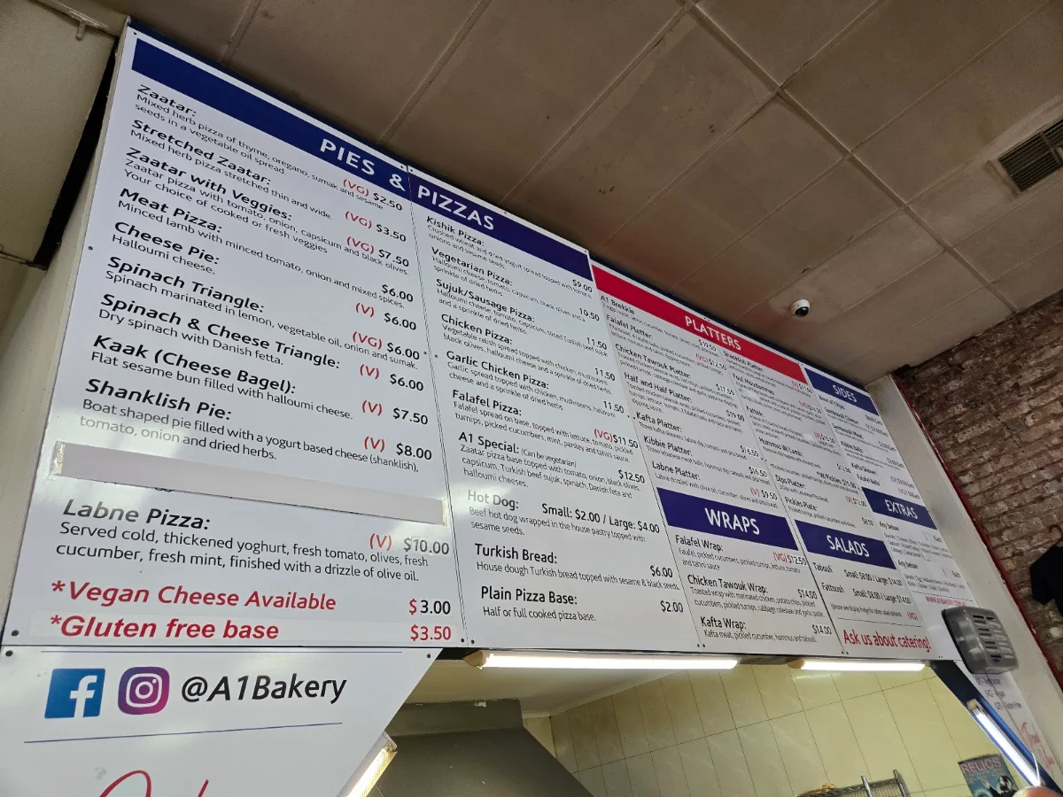 Menu, A1 Bakery