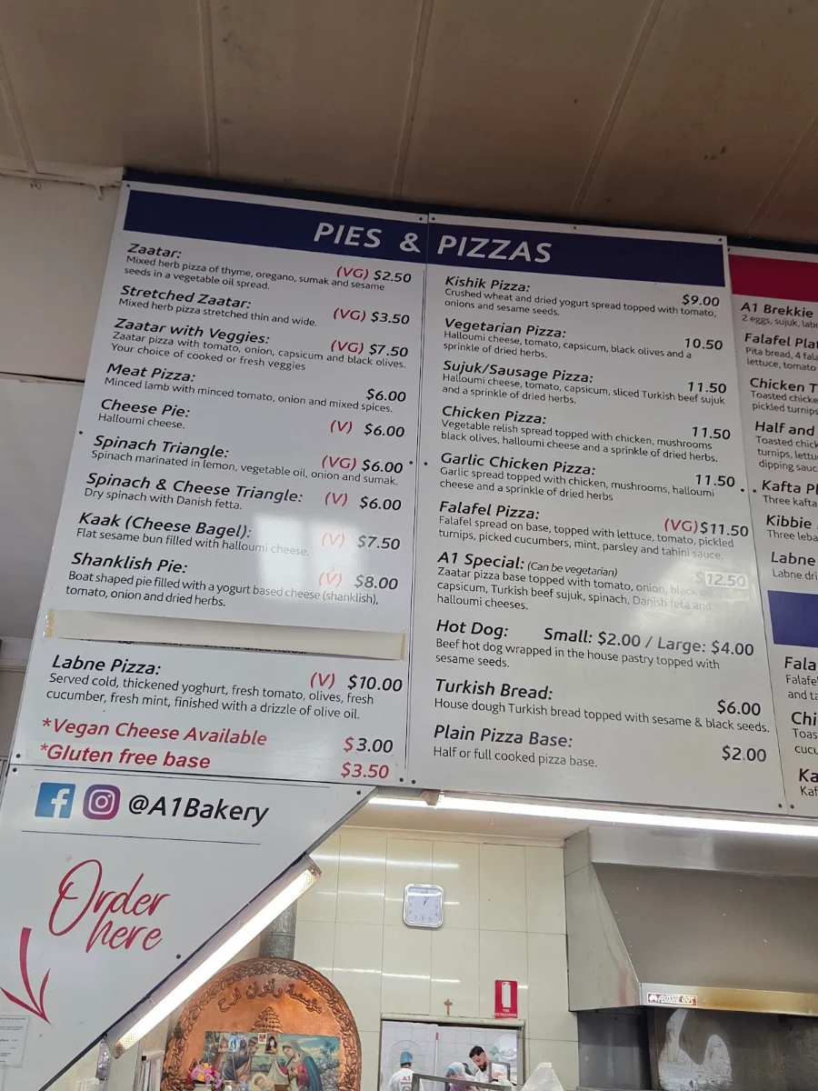 Menu, A1 Bakery