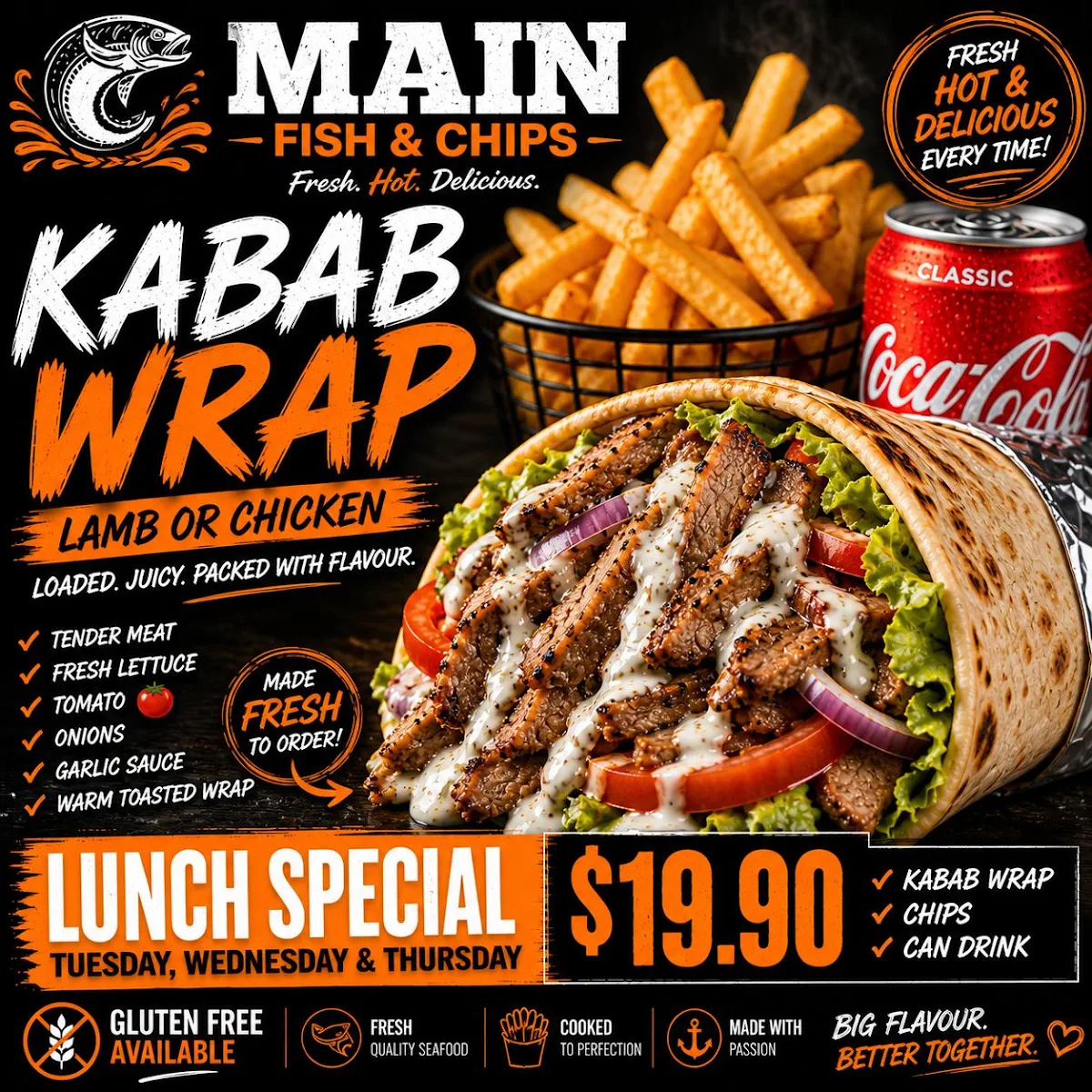 Menu, Main Fish, Chips & Kebabs