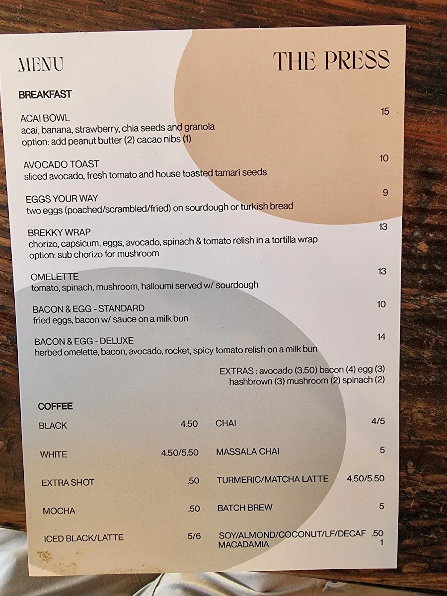 Menu, The Press Cronulla