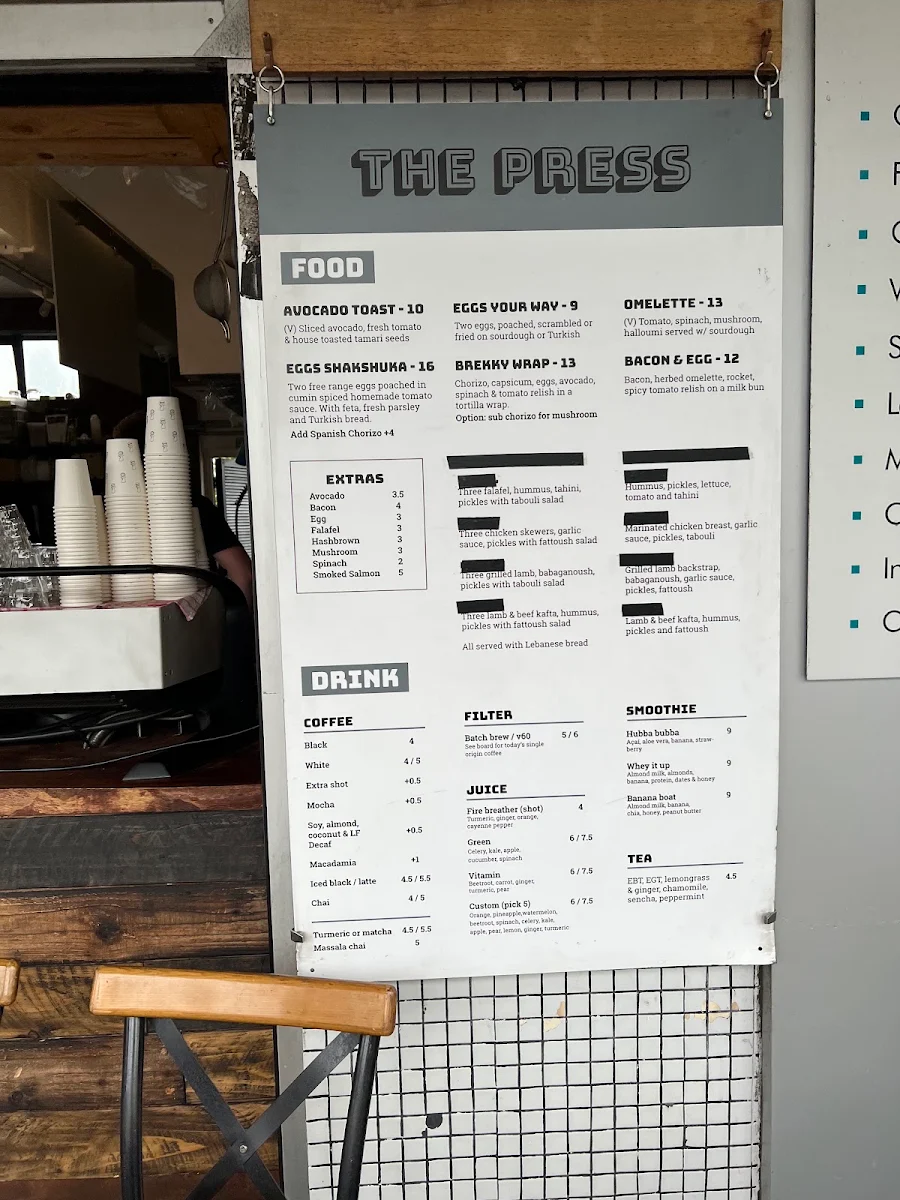 Menu, The Press Cronulla