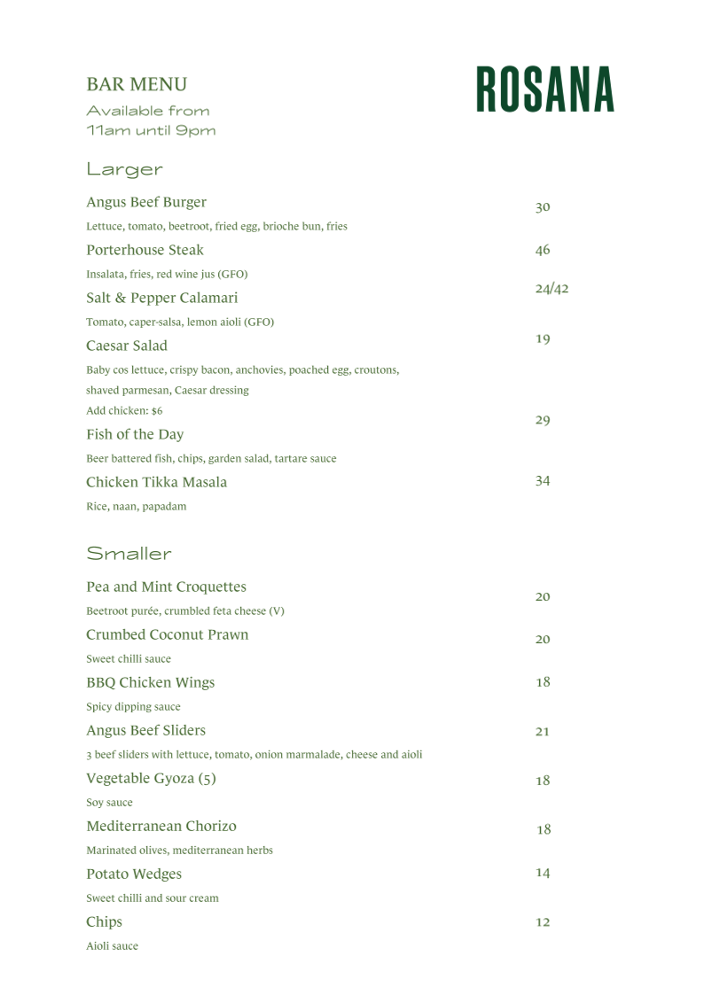 Menu, Rosana Bistro + Bar