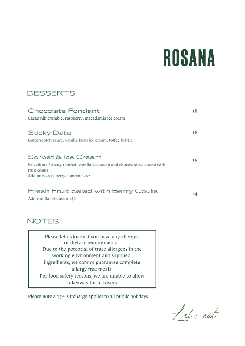 Menu, Rosana Bistro + Bar