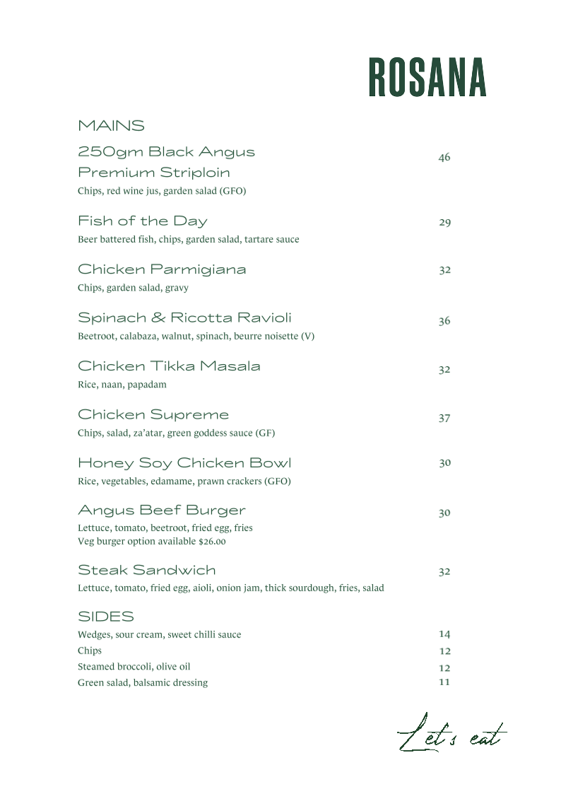 Menu, Rosana Bistro + Bar