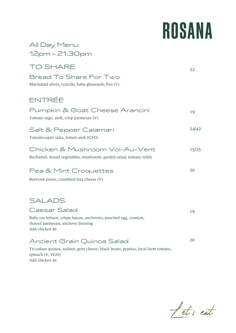 Menu, Rosana Bistro + Bar