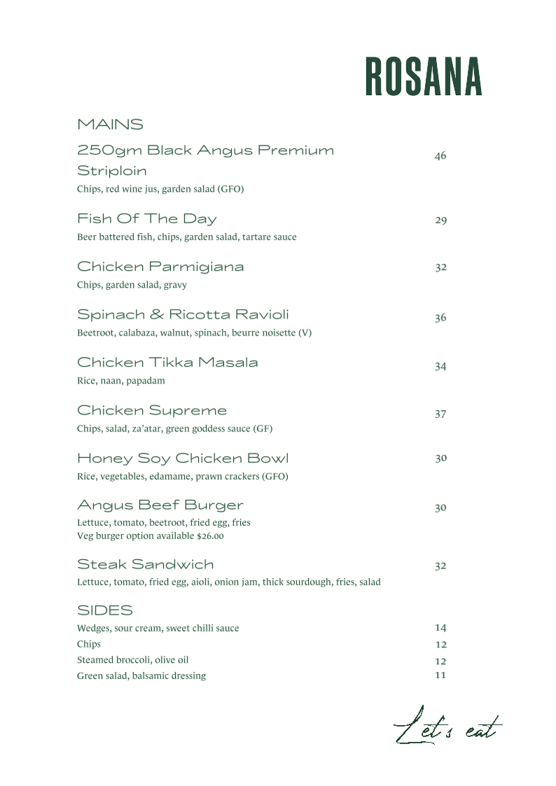 Menu, Rosana Bistro + Bar
