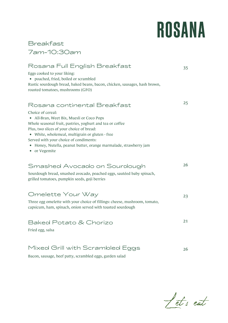 Menu, Rosana Bistro + Bar