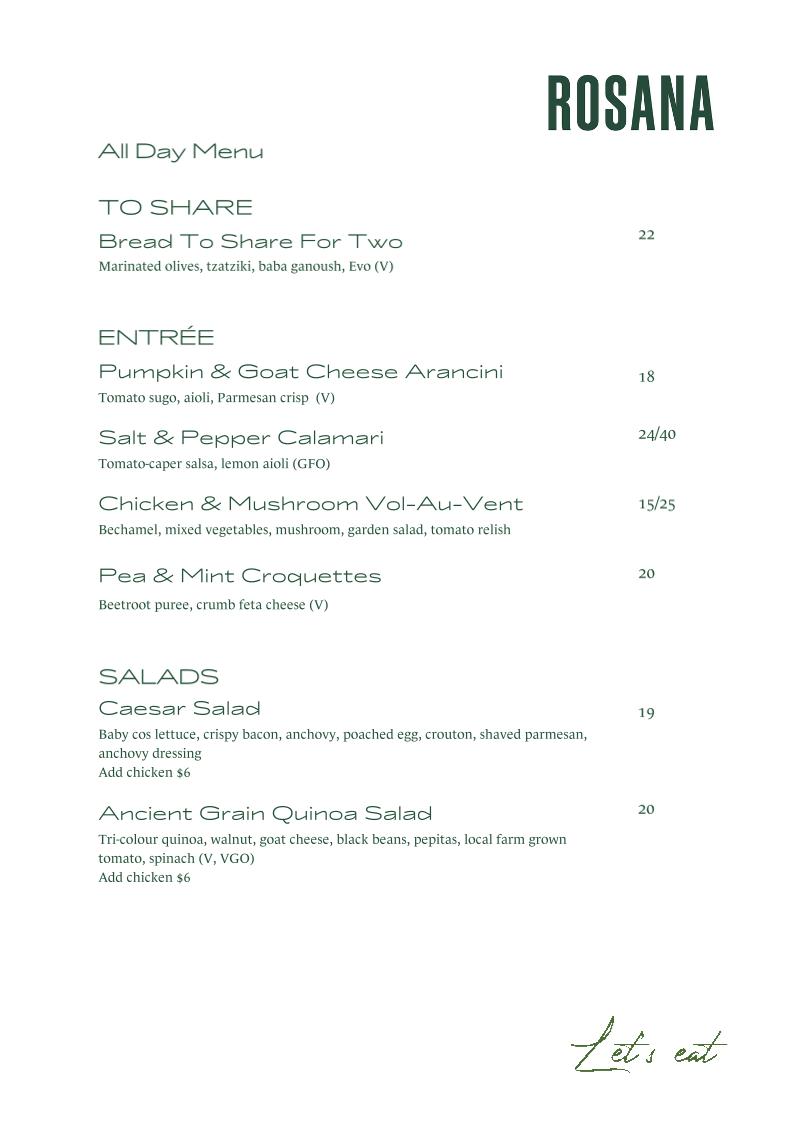 Menu, Rosana Bistro + Bar